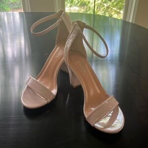 Beige Patent, ankle strap shoes.